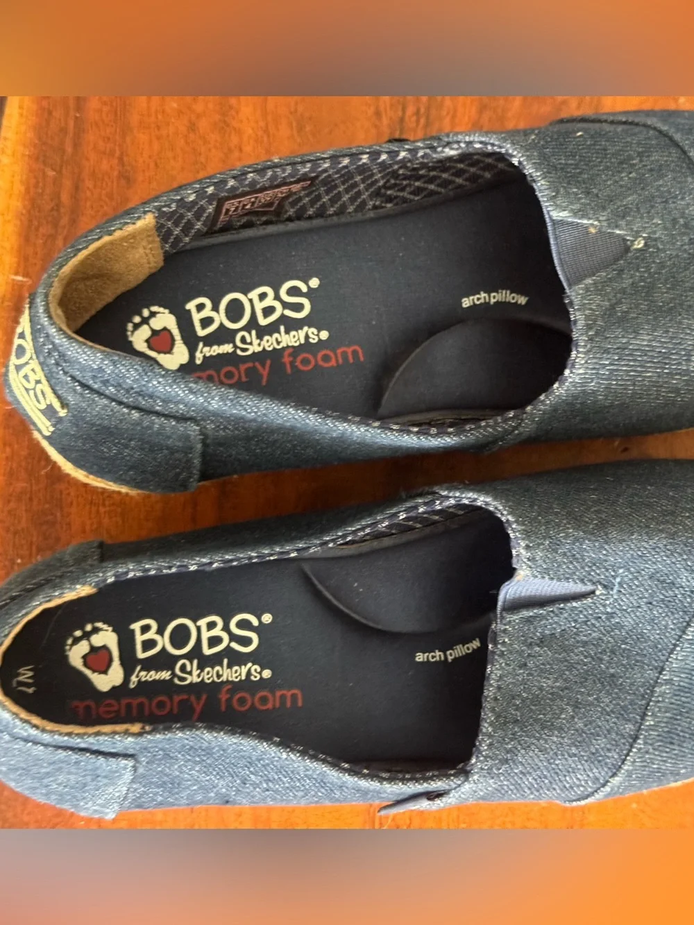 BOBS from Skechers Blue Denim Espadrille Slip On Flat Shoes EUC Size 7